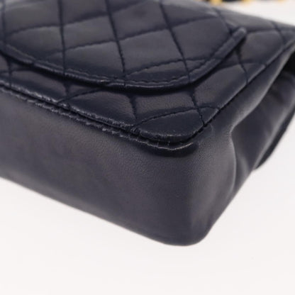 Chanel Square Classic Single Flap Top Handle Bag Quilted Lambskin, NAVY, LEATHER, Clutche & pouche