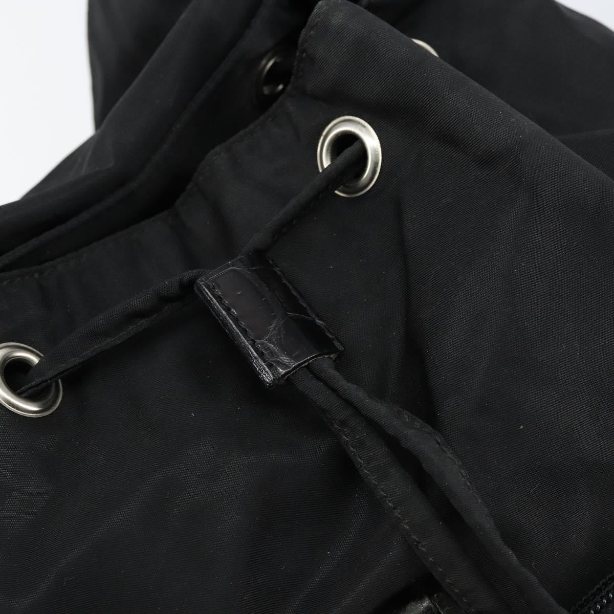 Prada Cinch Buckle Flap Backpack Tessuto with Crocodile Embossed Leather, BLACK, NYLON, Backpack