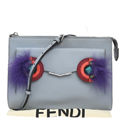 Fendi Monster Front Pocket Clutch Leather with Fur, GRAY, LEATHER, Clutche & pouche