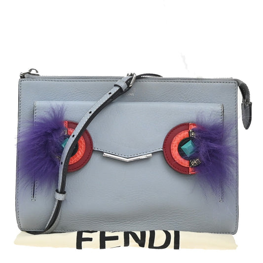 Fendi Monster Front Pocket Clutch Leather with Fur, GRAY, LEATHER, Clutche & pouche