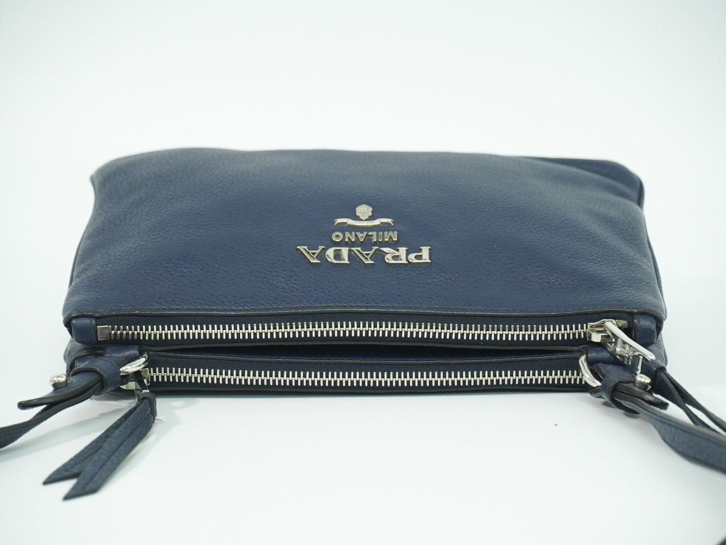 Prada Double Zip Crossbody Bag Vitello Daino, NAVY, LEATHER, Shoulder bag