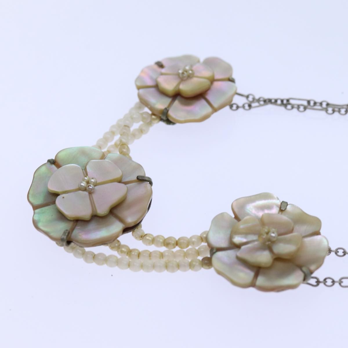 Chanel Camellia CC Long Necklace Metal with Faux Pearls, SILVER, METAL, Necklace