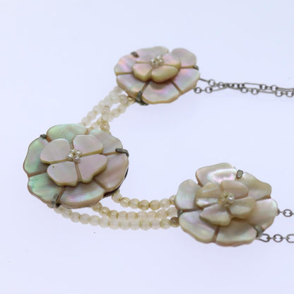 Chanel Camellia CC Long Necklace Metal with Faux Pearls, SILVER, METAL, Necklace