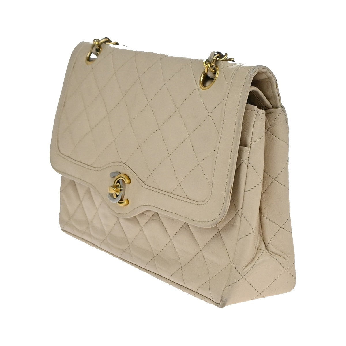 Chanel Vintage Two Tone CC Flap Bag Quilted Lambskin, BEIGE, LEATHER, Shoulder bag