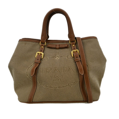 Prada Logo Convertible Tote Canvas with Leather, BEIGE, CANVAS, Tote bag