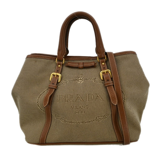 Prada Logo Convertible Tote Canvas with Leather, BEIGE, CANVAS, Tote bag