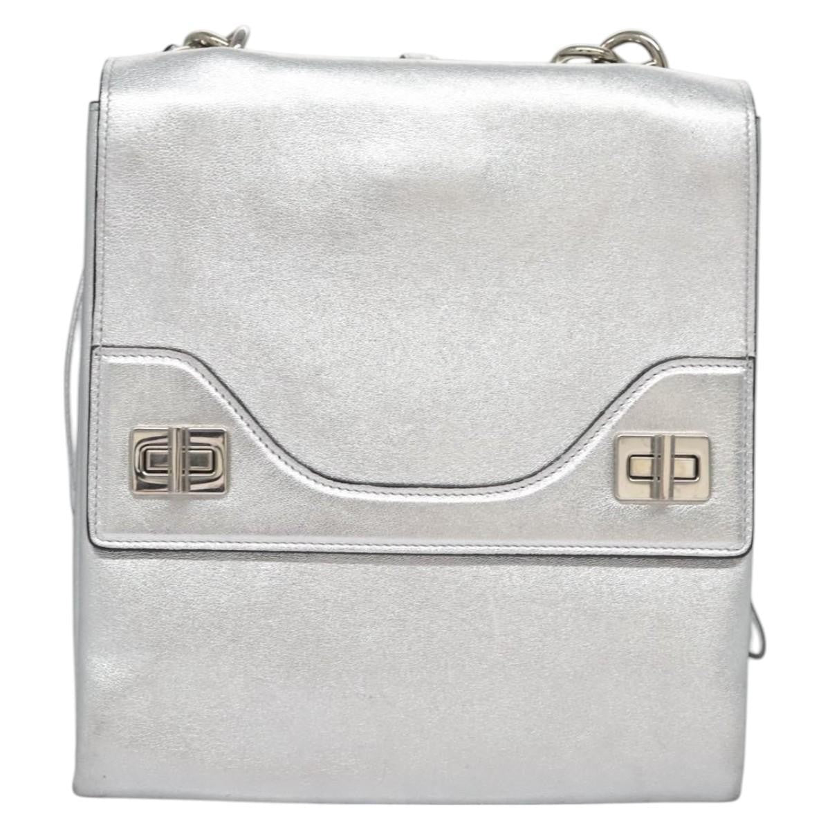 Prada Double Turn Lock Shoulder Bag Leather, SILVER, LEATHER, Shoulder bag