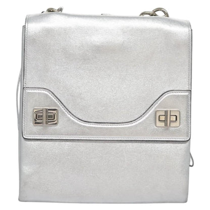 Prada Double Turn Lock Shoulder Bag Leather, SILVER, LEATHER, Shoulder bag
