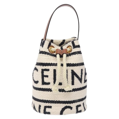 Celine Teen Drawstring Plein Soleil Bucket Bag Canvas with Leather, WHITE, CANVAS, Crossbody bag