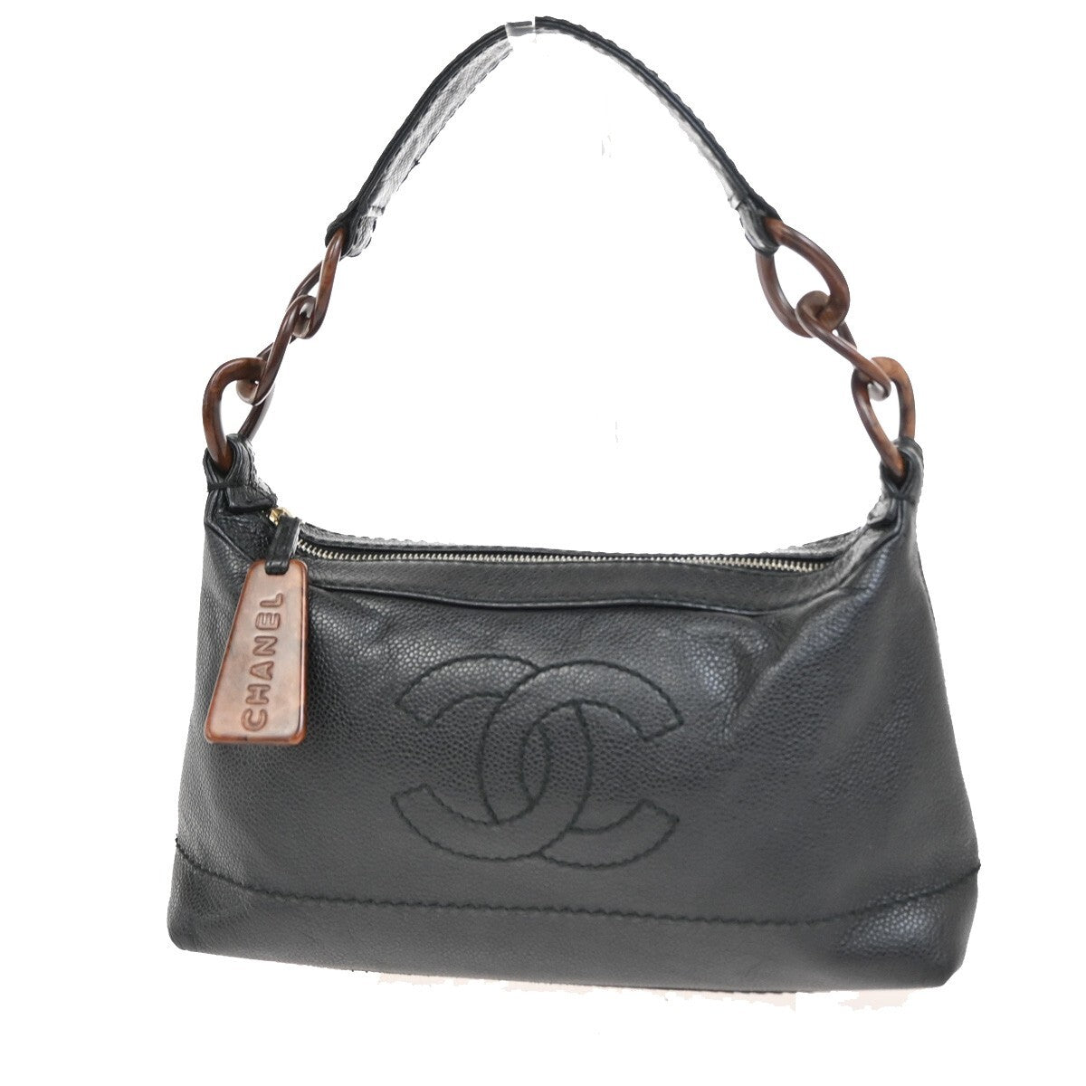 Chanel Vintage Wood Chain CC Shoulder Bag Caviar, BLACK, LEATHER, Shoulder bag