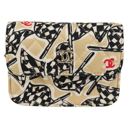 Chanel Flap Card Holder on Chain Quilted Printed Canvas, BEIGE, CANVAS, Clutche & pouche