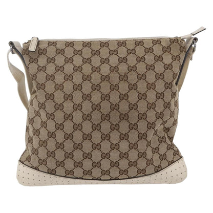 Gucci Zip Messenger Bag GG Canvas with Perforated Leather, BEIGE, CANVAS, Shoulder bag