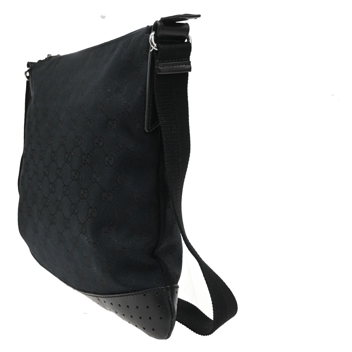 Gucci Zip Messenger Bag GG Canvas with Perforated Leather, BLACK, CANVAS, Shoulder bag