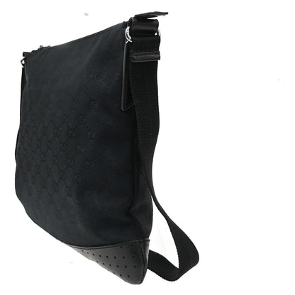 Gucci Zip Messenger Bag GG Canvas with Perforated Leather, BLACK, CANVAS, Shoulder bag