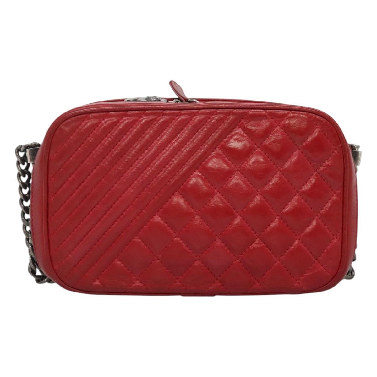 Chanel Coco Boy Camera Bag Quilted Leather, RED, LEATHER, Crossbody bag