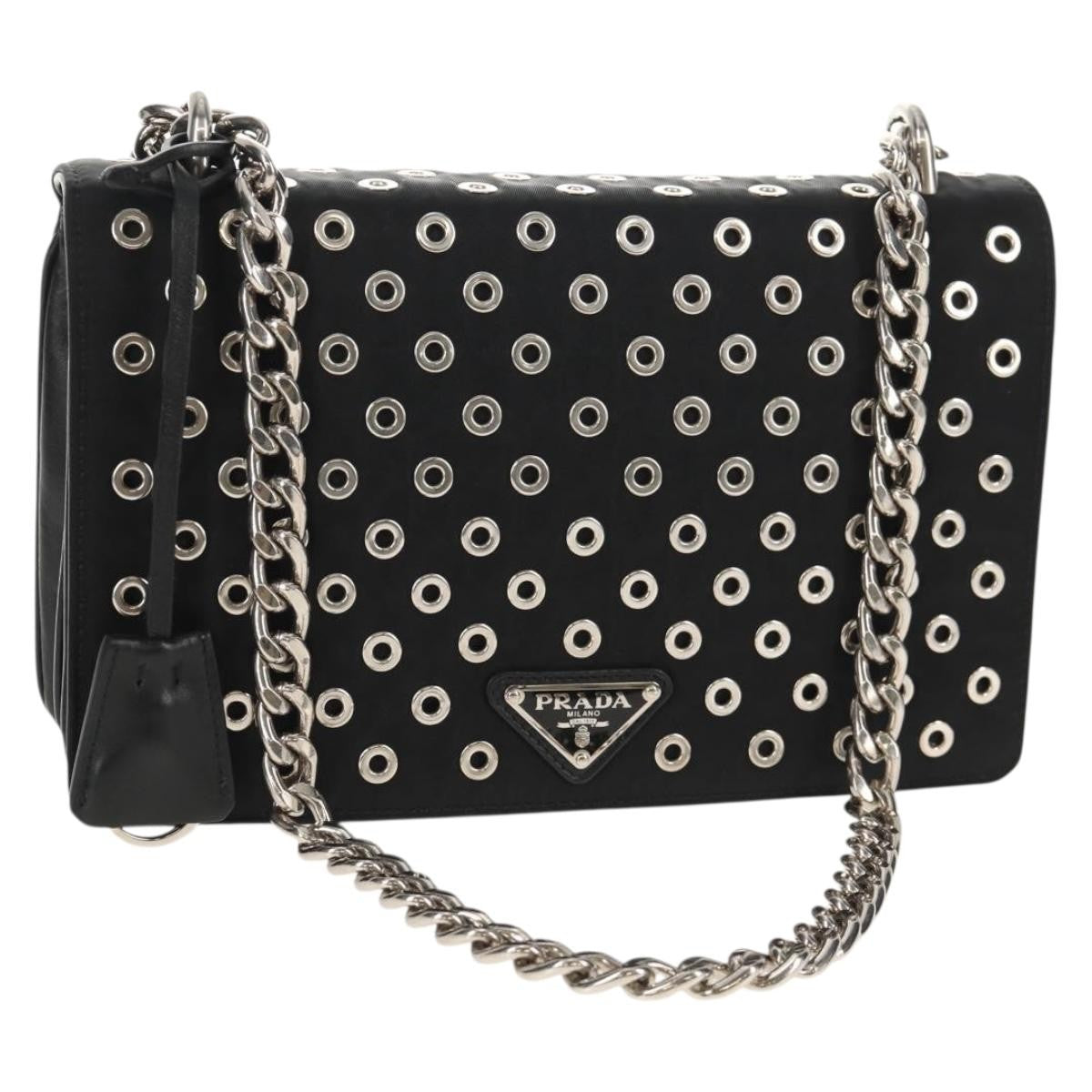 Prada Grommet Chain Flap Shoulder Bag Tessuto with Soft Calf, BLACK, NYLON, Shoulder bag