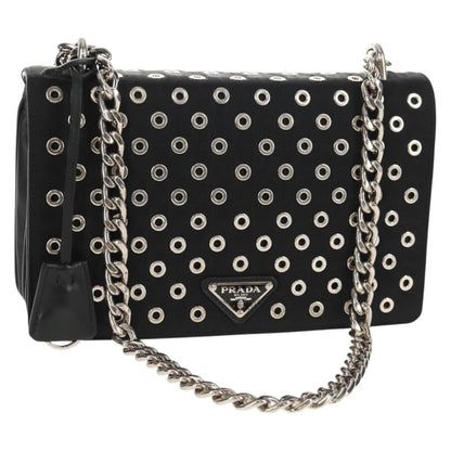 Prada Grommet Chain Flap Shoulder Bag Tessuto with Soft Calf, BLACK, NYLON, Shoulder bag