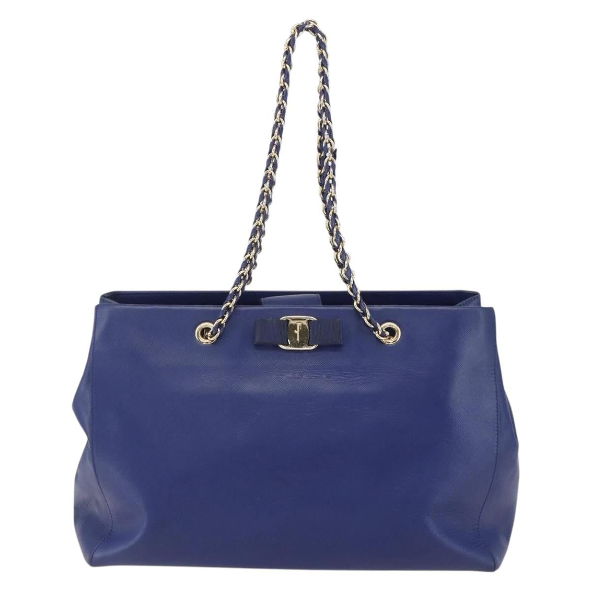 Salvatore Ferragamo Vara Bow Chain Tote Leather, BLUE, LEATHER, Tote bag