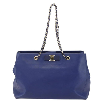 Salvatore Ferragamo Vara Bow Chain Tote Leather, BLUE, LEATHER, Tote bag