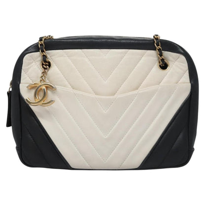 Chanel V Stitch Leather, WHITE, LEATHER, Handbag