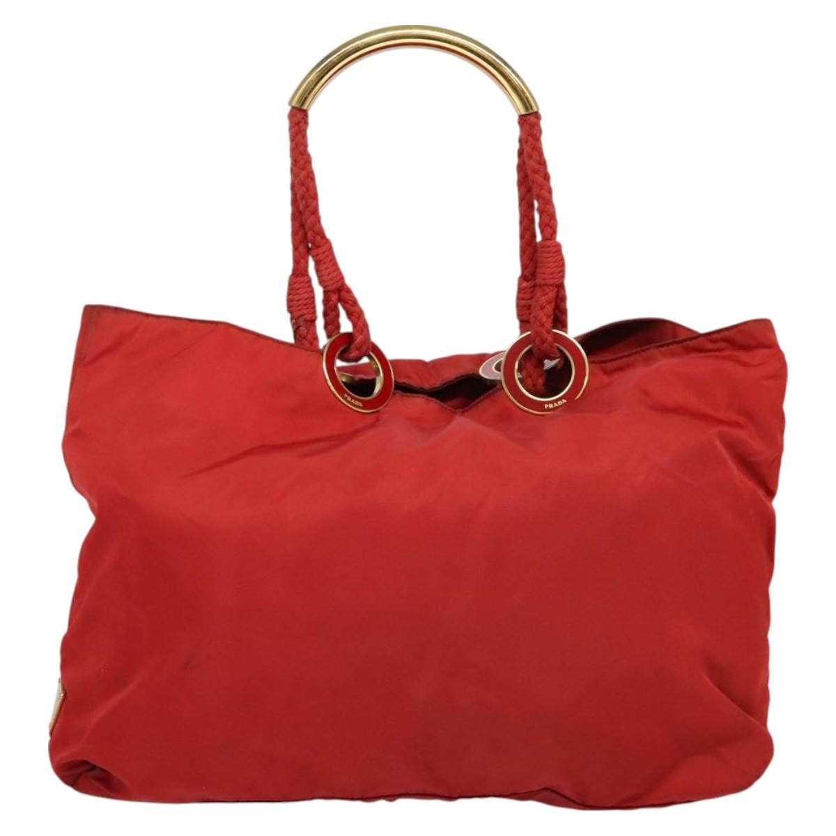 Prada Convertible Metal Handle Satchel Quilted Tessuto, RED, NYLON, Tote bag