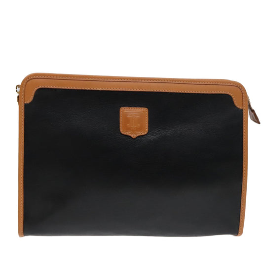 Celine Logo Triomphe Pouch Leather, BLACK, LEATHER, Clutche & pouche