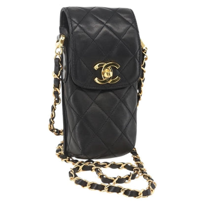 Chanel CC Flap Phone Holder Crossbody Bag Quilted Lambskin, BLACK, LEATHER, Shoulder bag