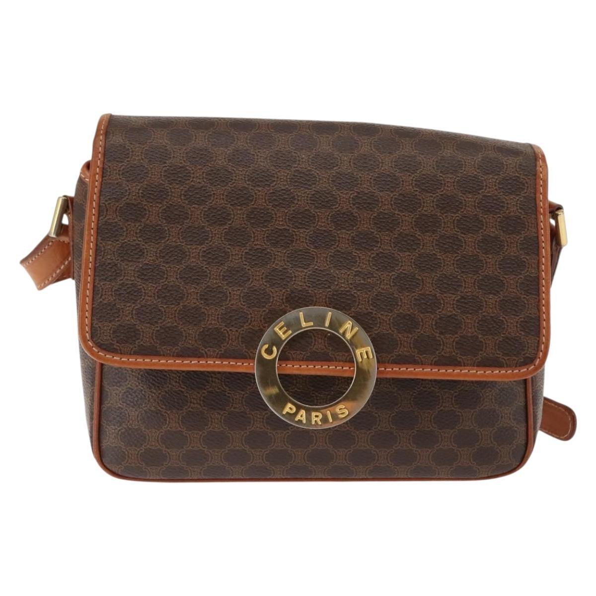 Celine Vintage Macadam Circle Logo Shoulder Bag Canvas and Leather, BROWN, CANVAS, Shoulder bag