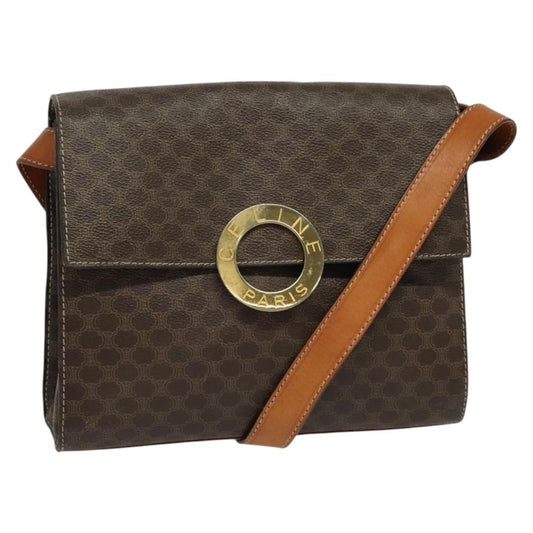 Celine Vintage Macadam Circle Logo Shoulder Bag Canvas and Leather, Brown, Canvas, Shoulder Bag