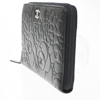 Chanel Camellia Zip Around Organizer Leather, Black, Leather, Wallet