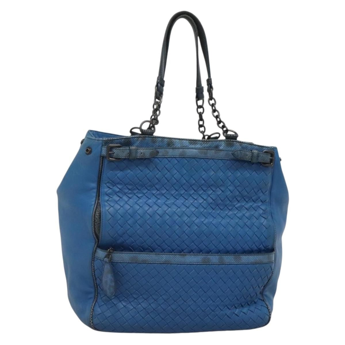 Bottega Veneta Belted Zip Chain Tote Intrecciato Nappa with Snakeskin, BLUE, LEATHER, Tote bag