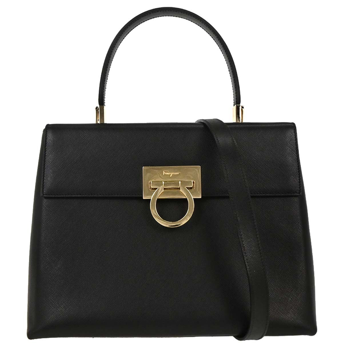 Salvatore Ferragamo Convertible Top Handle Bag Leather, BLACK, LEATHER, Handbag