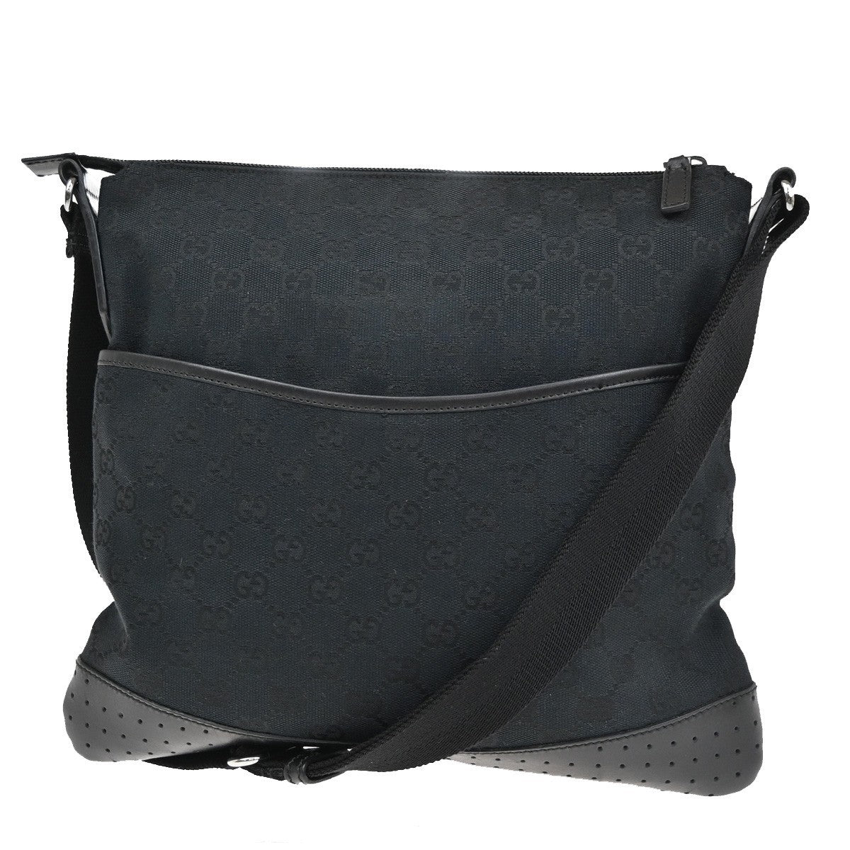 Gucci Zip Messenger Bag GG Canvas with Perforated Leather, BLACK, CANVAS, Shoulder bag