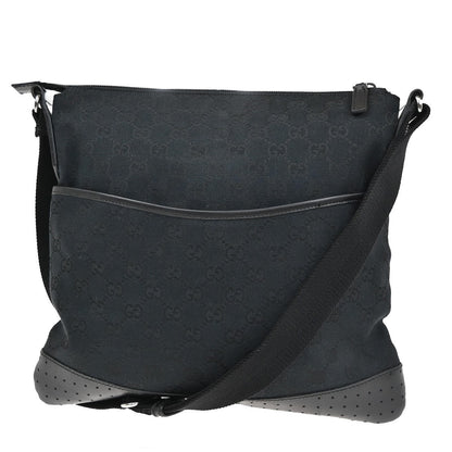 Gucci Zip Messenger Bag GG Canvas with Perforated Leather, BLACK, CANVAS, Shoulder bag