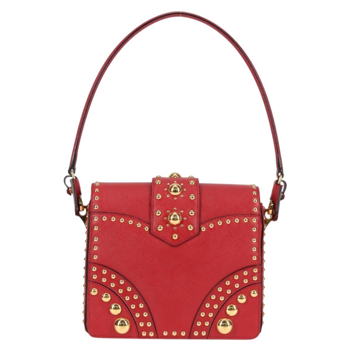 Prada Turn Lock Shoulder Bag Studded Saffiano Leather, RED, LEATHER, Shoulder bag