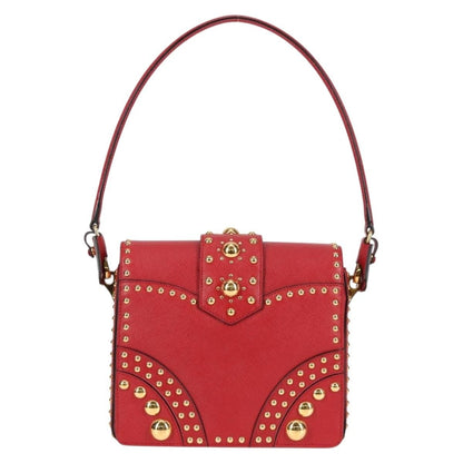 Prada Turn Lock Shoulder Bag Studded Saffiano Leather, RED, LEATHER, Shoulder bag