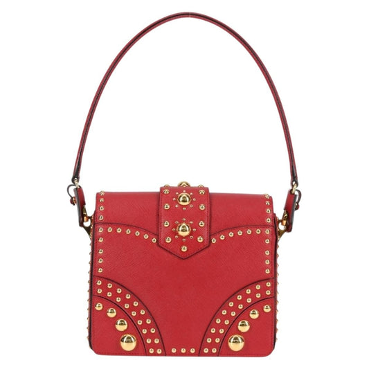 Prada Turn Lock Shoulder Bag Studded Saffiano Leather, RED, LEATHER, Shoulder bag