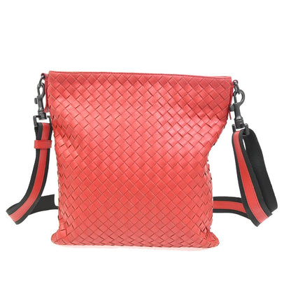 Bottega Veneta Flat Messenger Bag Intrecciato Nappa, Red, Leather, Shoulder Bag