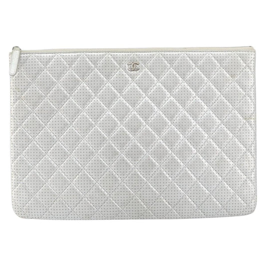 Chanel O Case Clutch Quilted Perforated Lambskin, SILVER, LEATHER, Clutche & pouche