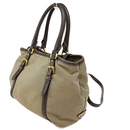 Prada Logo Convertible Tote Canvas with Leather, BROWN, CANVAS, Tote bag