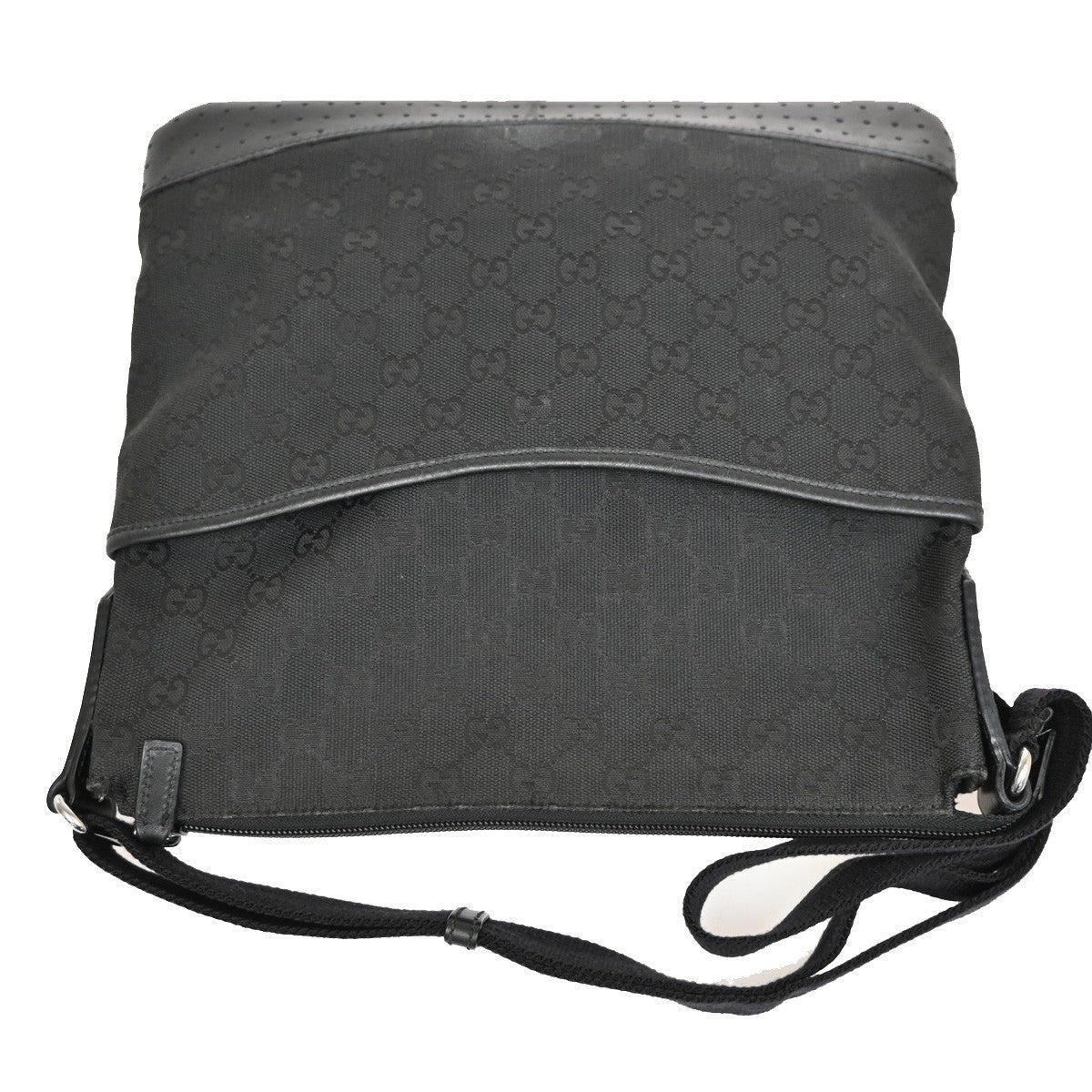 Gucci Zip Messenger Bag GG Canvas with Perforated Leather, BLACK, CANVAS, Shoulder bag