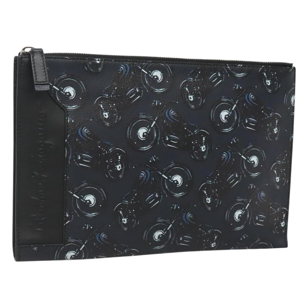 Salvatore Ferragamo Zip Pouch Motorcycle Print Leather, BLACK, LEATHER, Clutche & pouche