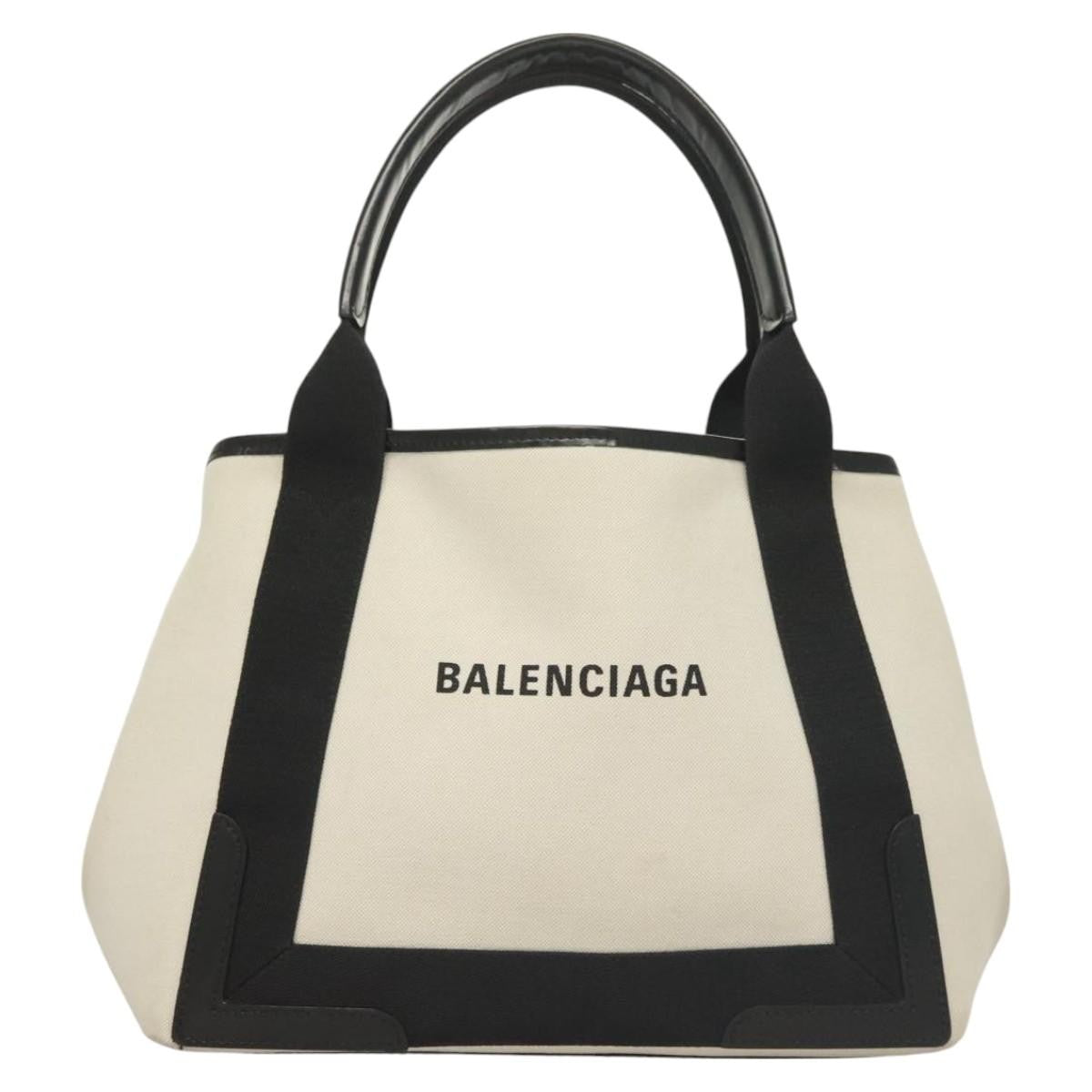 Balenciaga Navy Cabas Canvas with Leather, WHITE, CANVAS, Tote bag
