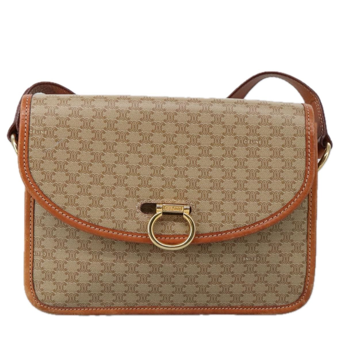 Celine Vintage Macadam Shoulder Bag Canvas and Leather, Beige, Canvas, Shoulder Bag