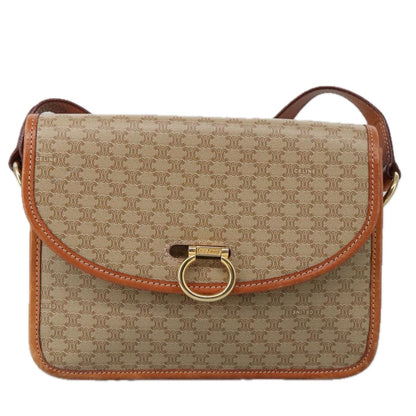 Celine Vintage Macadam Shoulder Bag Canvas and Leather, Beige, Canvas, Shoulder Bag