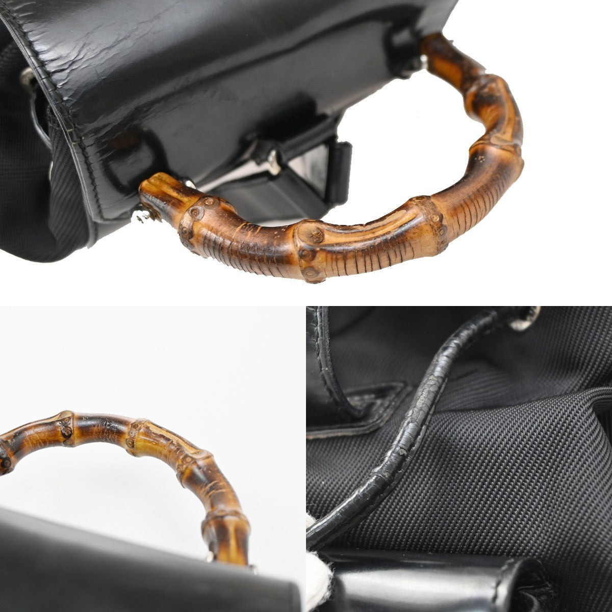 Gucci Vintage Bamboo Backpack Nylon and Patent Leather, BLACK, NYLON, Backpack