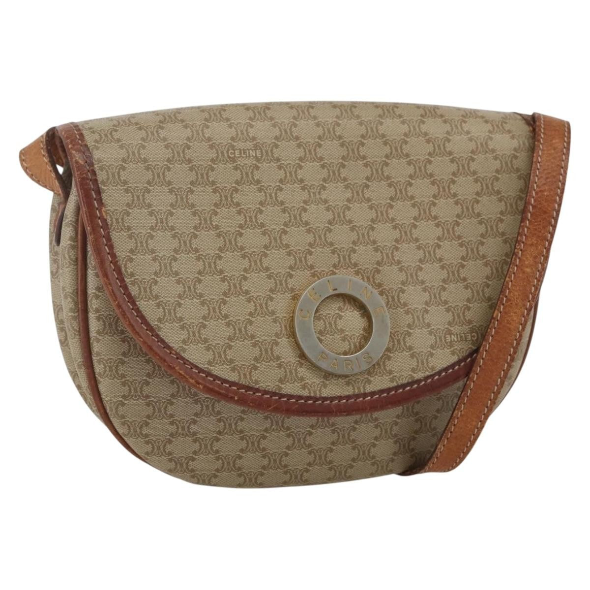 Celine Vintage Macadam Circle Logo Shoulder Bag Canvas and Leather, BEIGE, CANVAS, Shoulder bag
