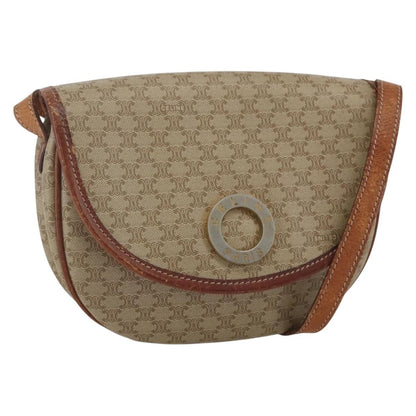 Celine Vintage Macadam Circle Logo Shoulder Bag Canvas and Leather, BEIGE, CANVAS, Shoulder bag
