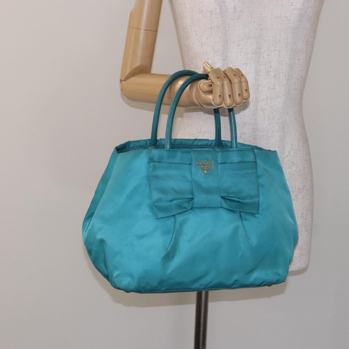 Prada Logo Bow Tote Tessuto with Leather, TURQUOISE, NYLON, Tote bag