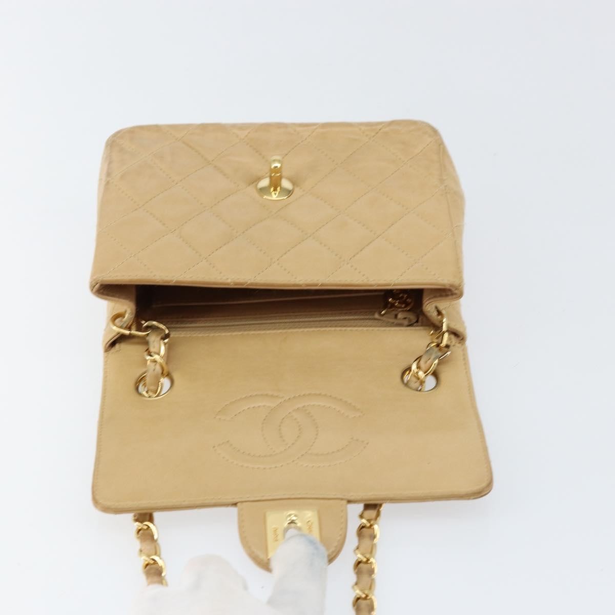 Chanel Vintage Square Classic Single Flap Bag Quilted Lambskin, BEIGE, LEATHER, Shoulder bag